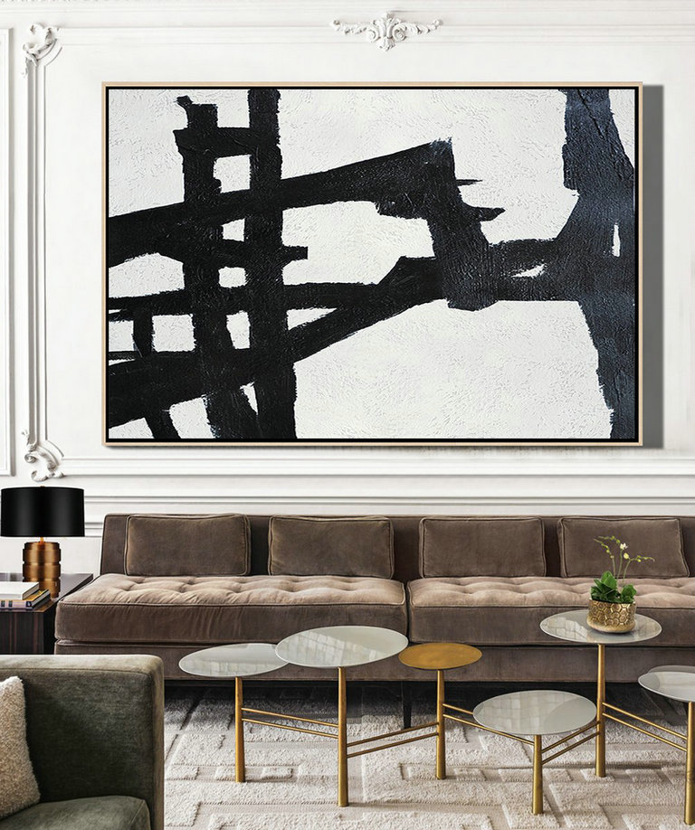 Modern Art Abstract Painting,Hand Painted Oversized Horizontal Minimal Art On Canvas, Black And White Minimalist Painting - Huge Abstract Canvas Art